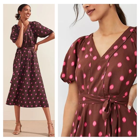 Ann Taylor Dotted Puff Sleeve Belted Flare Dress in Brown Stone Size 14 - Picture 2 of 8